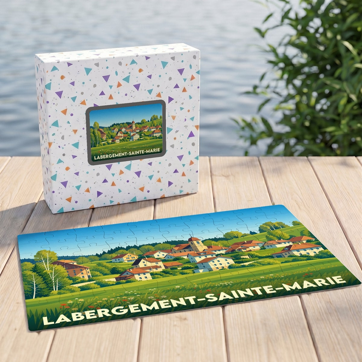Puzzle souvenir de la ville de Labergement-Sainte-Marie avec une illustration stylisée de son paysage champêtre.
