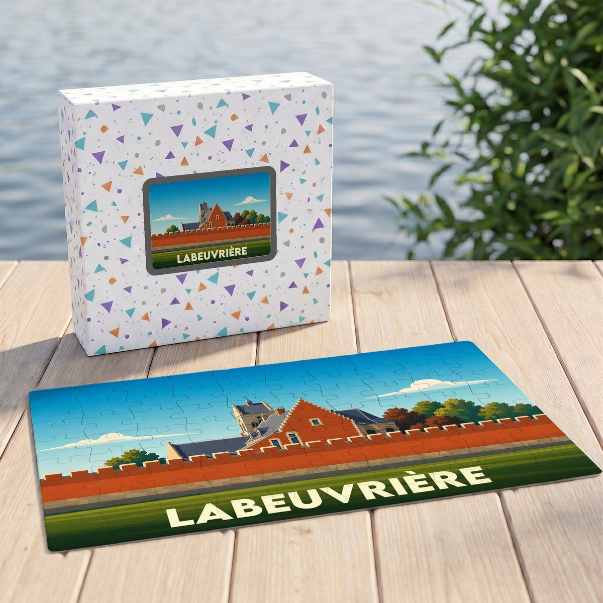 Puzzle souvenir de la ville de Labeuvrière avec une illustration stylisée d'un bâtiment historique.