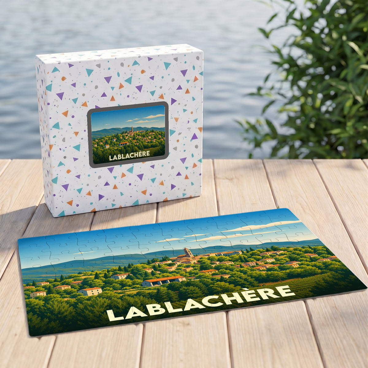 Puzzle souvenir de la ville de Lablachère illustrant un paysage vallonné et ensoleillé.