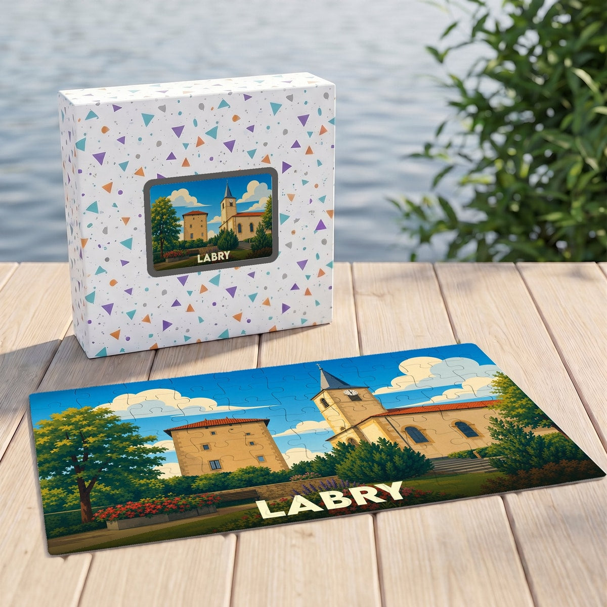 Puzzle souvenir de la ville de Labry présentant une illustration colorée et stylisée de son patrimoine.