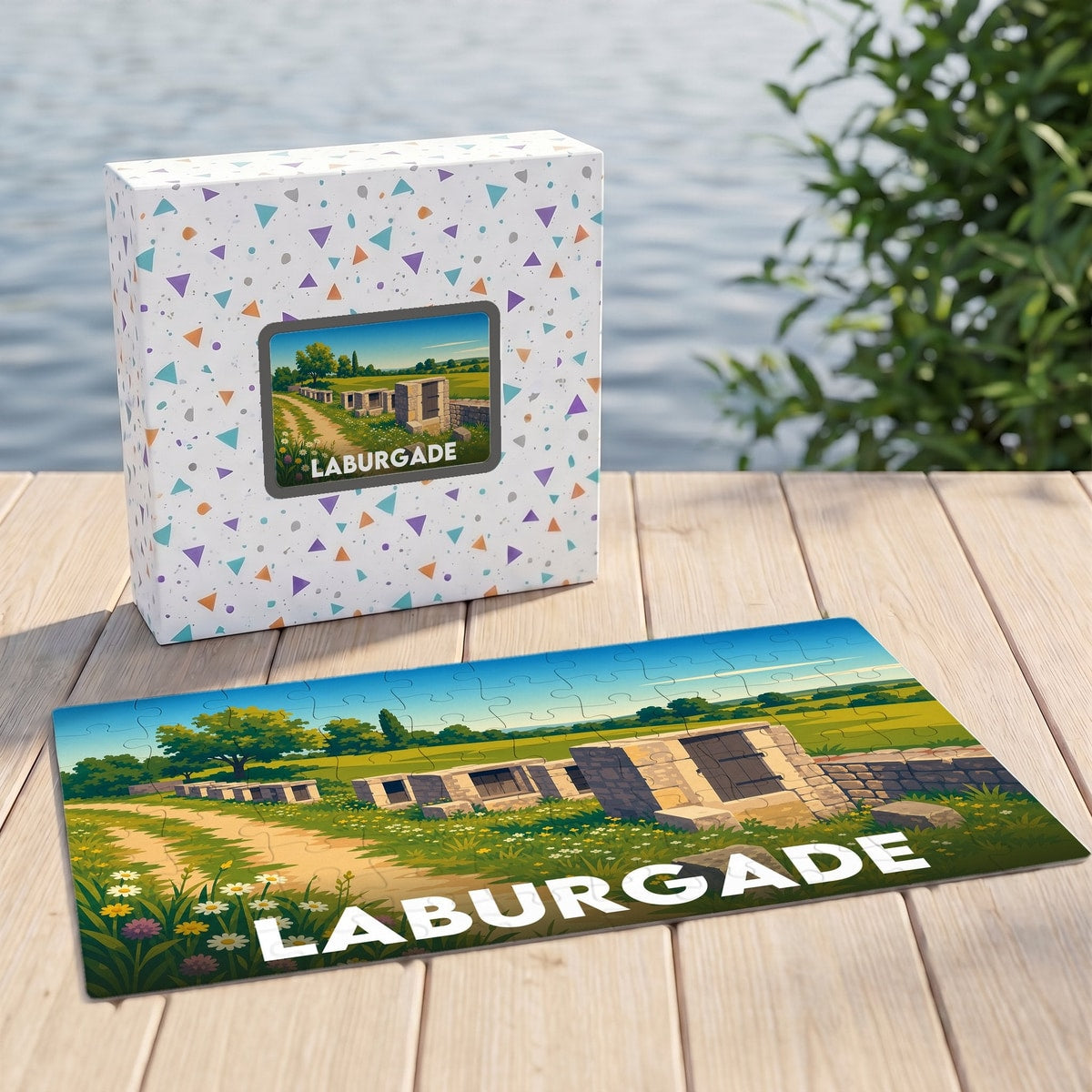 Puzzle souvenir de la ville de Laburgade avec une illustration champêtre stylisée.