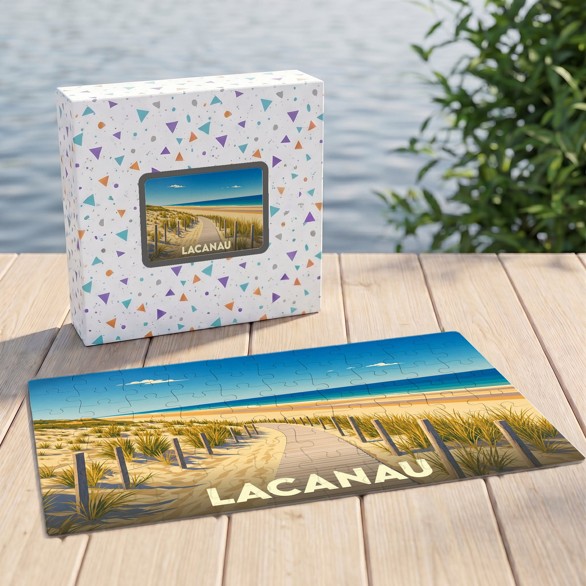 Puzzle souvenir de la ville de Lacanau représentant un chemin de plage à travers les dunes.