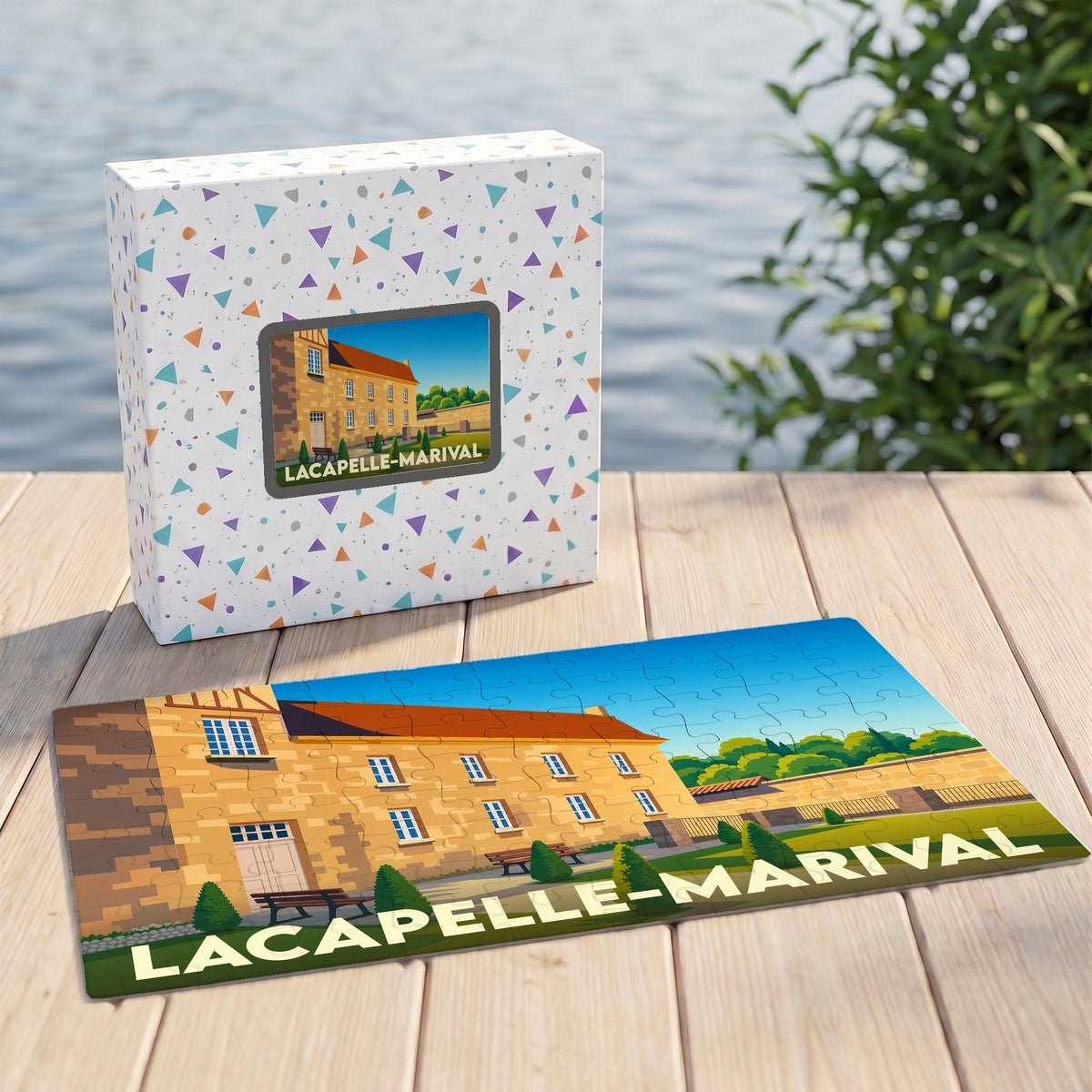 Puzzle souvenir de la ville de Lacapelle-Marival avec une illustration stylisée de son patrimoine.