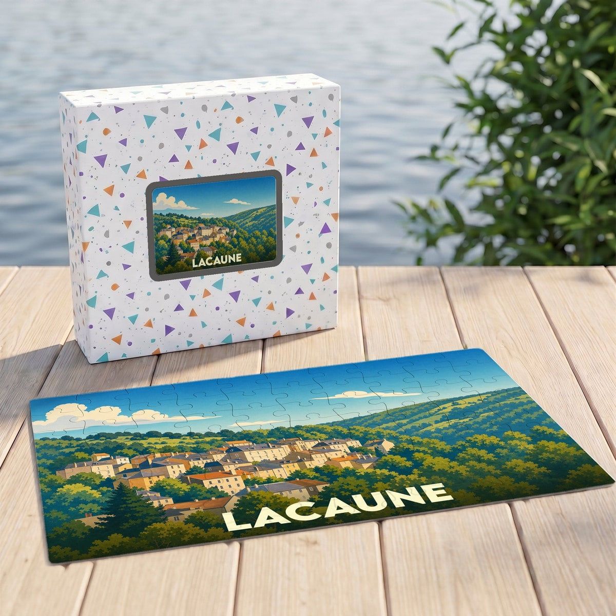 Puzzle souvenir de la ville de Lacaune représentant un paysage illustré dans son coffret assorti.