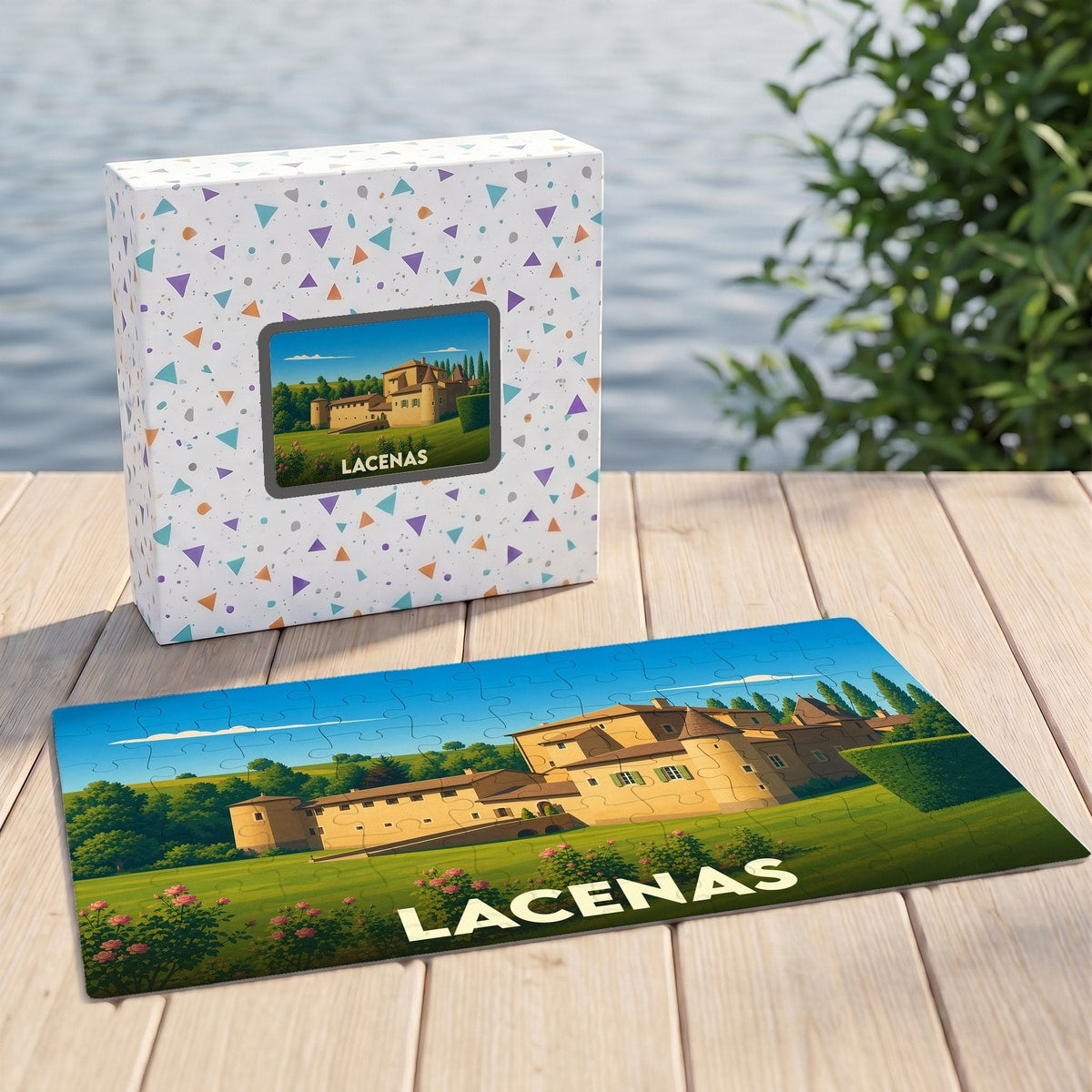 Puzzle souvenir de la ville de Lacenas avec une illustration stylisée d'un château sur fond de paysage vallonné.