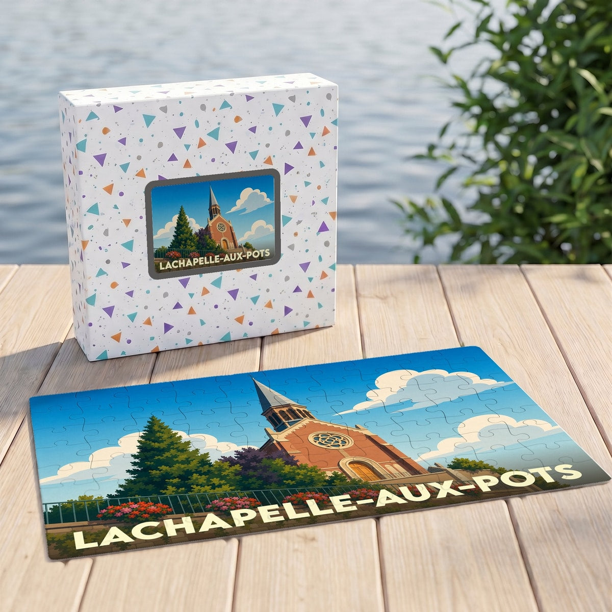 Puzzle souvenir de la commune de Lachapelle-aux-Pots illustré par un dessin stylisé de son église.