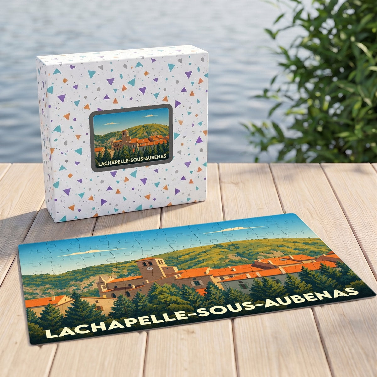 Puzzle souvenir de la ville de Lachapelle-sous-Aubenas avec une illustration stylisée.
