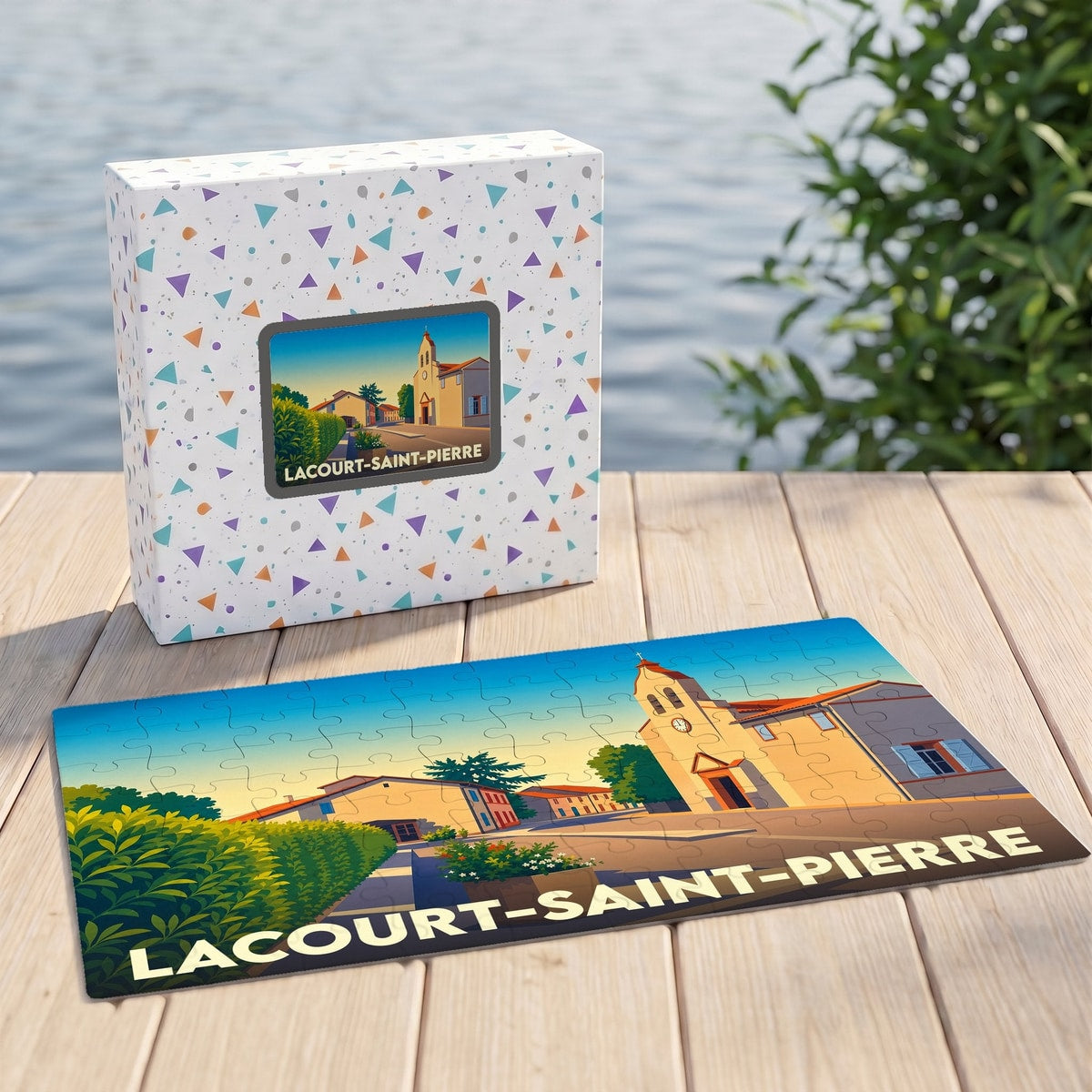 Puzzle souvenir de la ville de Lacourt-Saint-Pierre avec son illustration stylisée et sa boîte assortie.