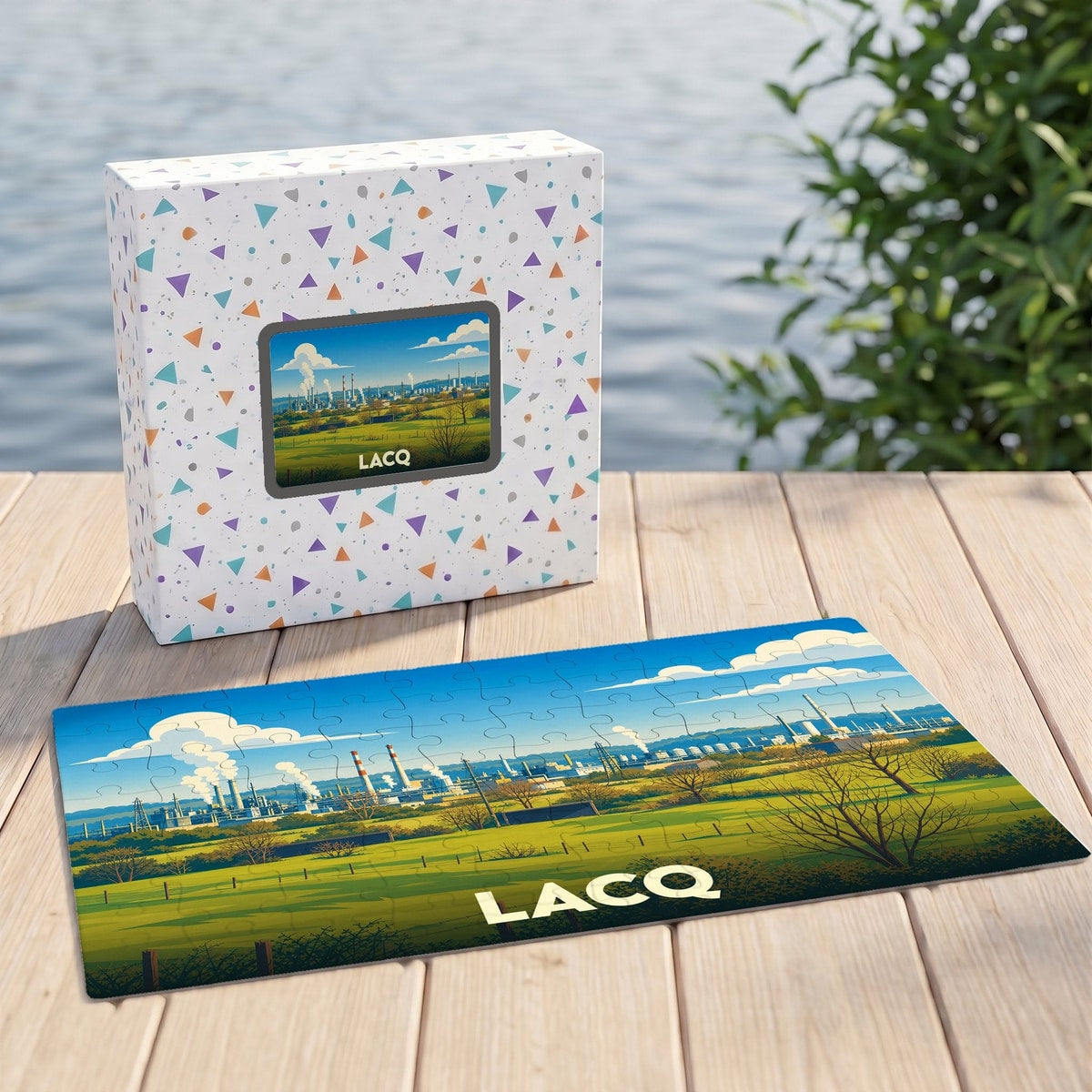 Puzzle souvenir de la ville de Lacq avec une illustration stylisée de son paysage industriel.