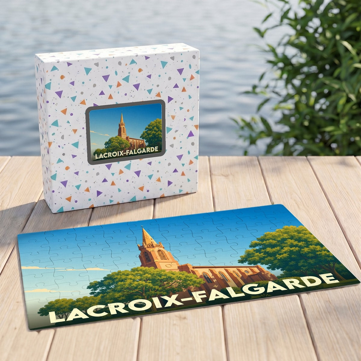 Puzzle souvenir de la ville de Lacroix-Falgarde avec une illustration stylisée d'une église sous un ciel bleu.
