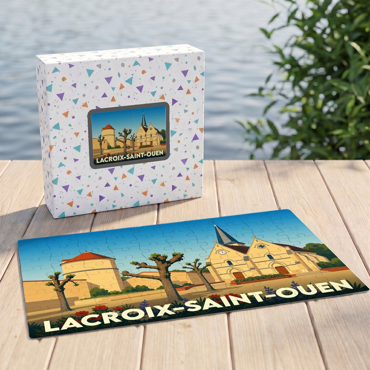 Puzzle souvenir de la ville de Lacroix-Saint-Ouen avec une illustration stylisée de son église et de son patrimoine.