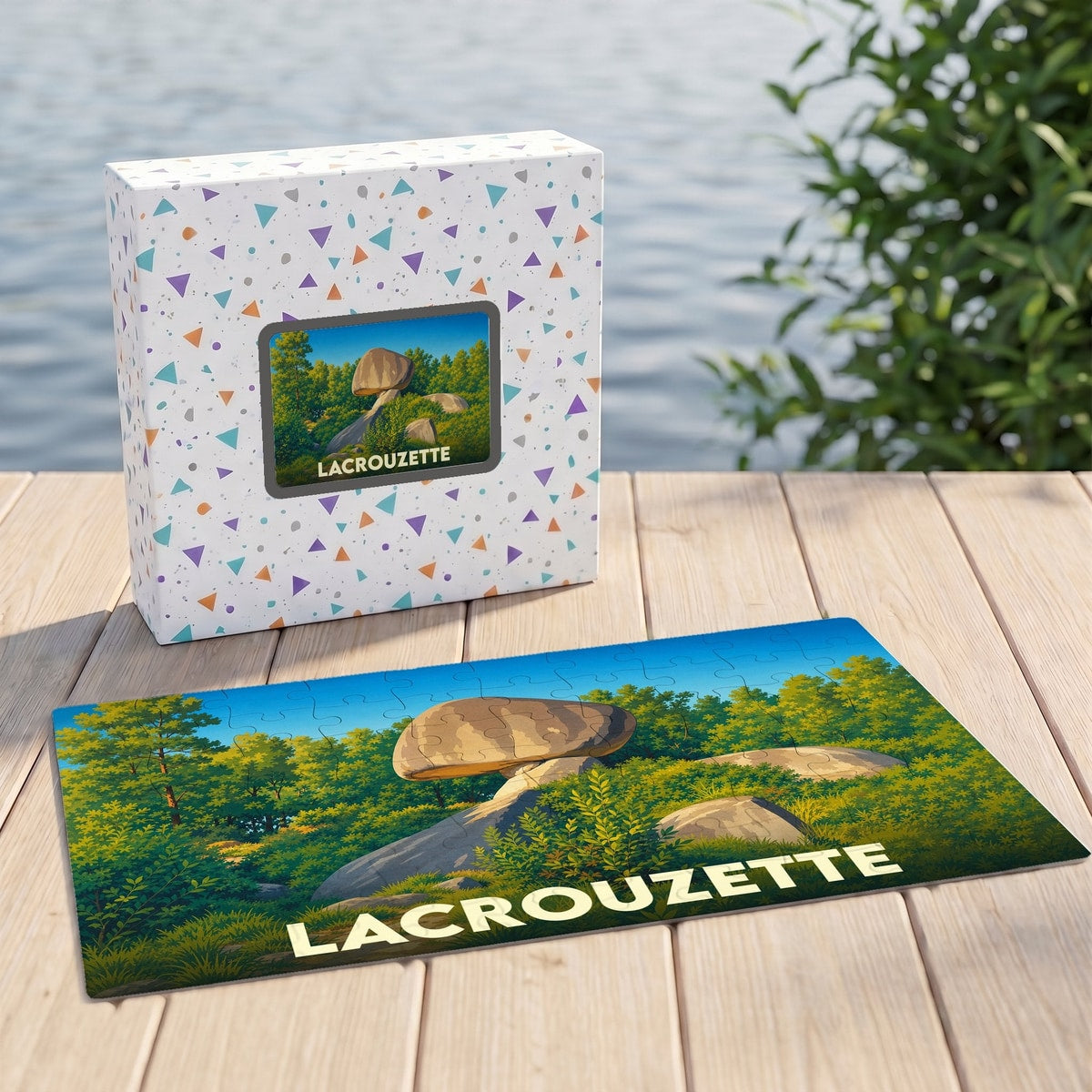 Puzzle souvenir de la ville de Lacrouzette avec une illustration stylisée d'un chaos granitique.