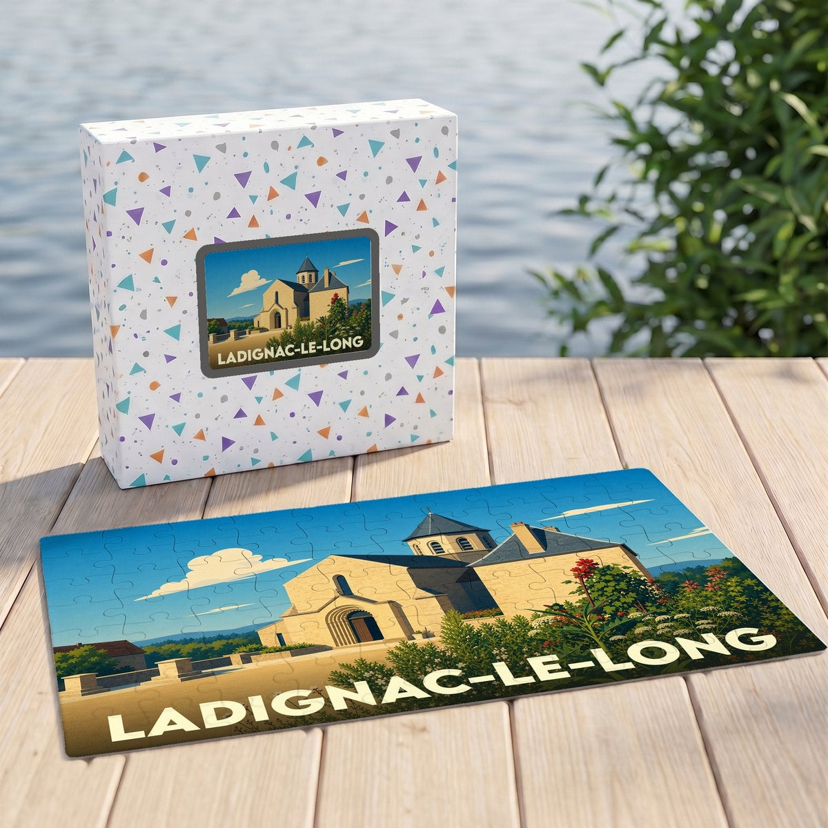 Puzzle souvenir de la ville de Ladignac-le-Long avec une illustration stylisée de son église.