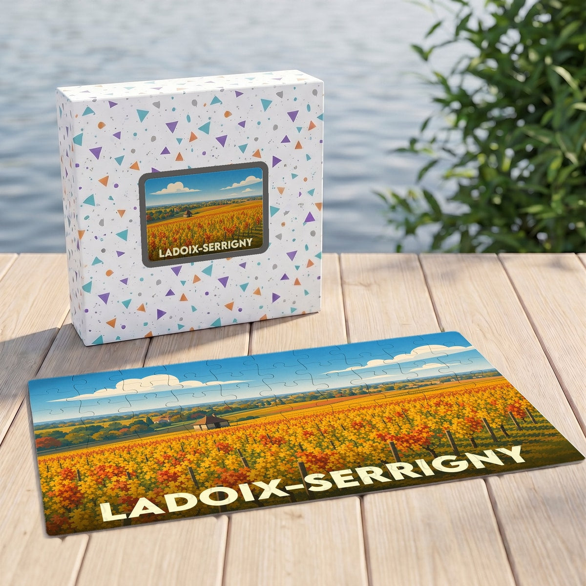 Puzzle souvenir de la ville de Ladoix-Serrigny avec une illustration stylisée de ses vignobles d'automne.