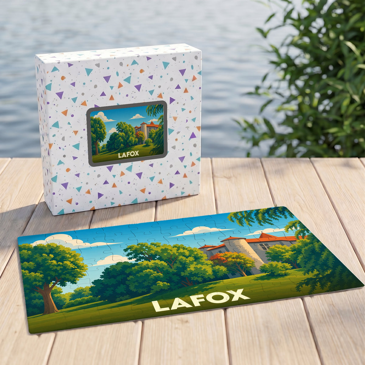 Puzzle souvenir de la ville de Lafox avec une illustration paysagère stylisée.