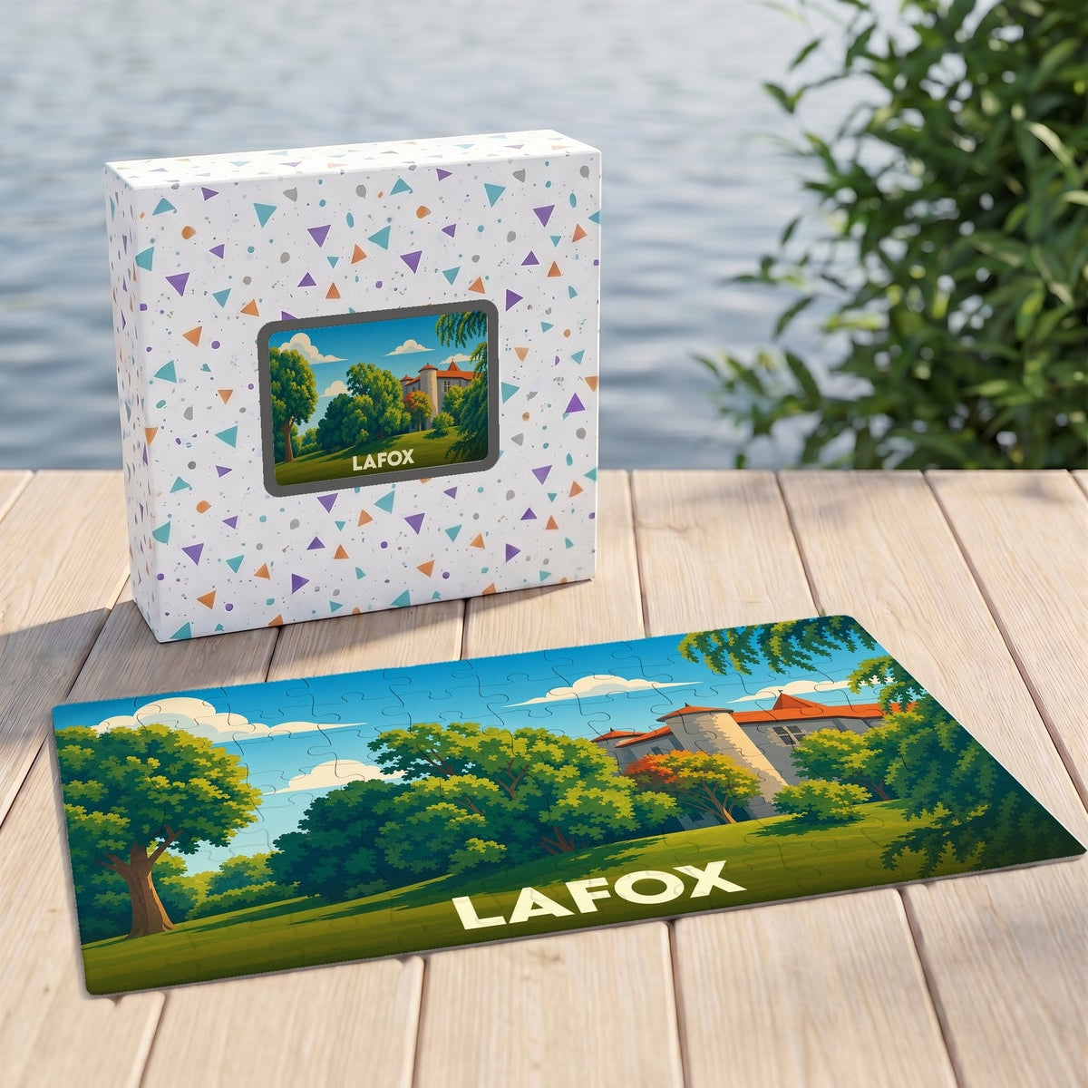 Puzzle souvenir de la ville de Lafox avec une illustration paysagère stylisée.