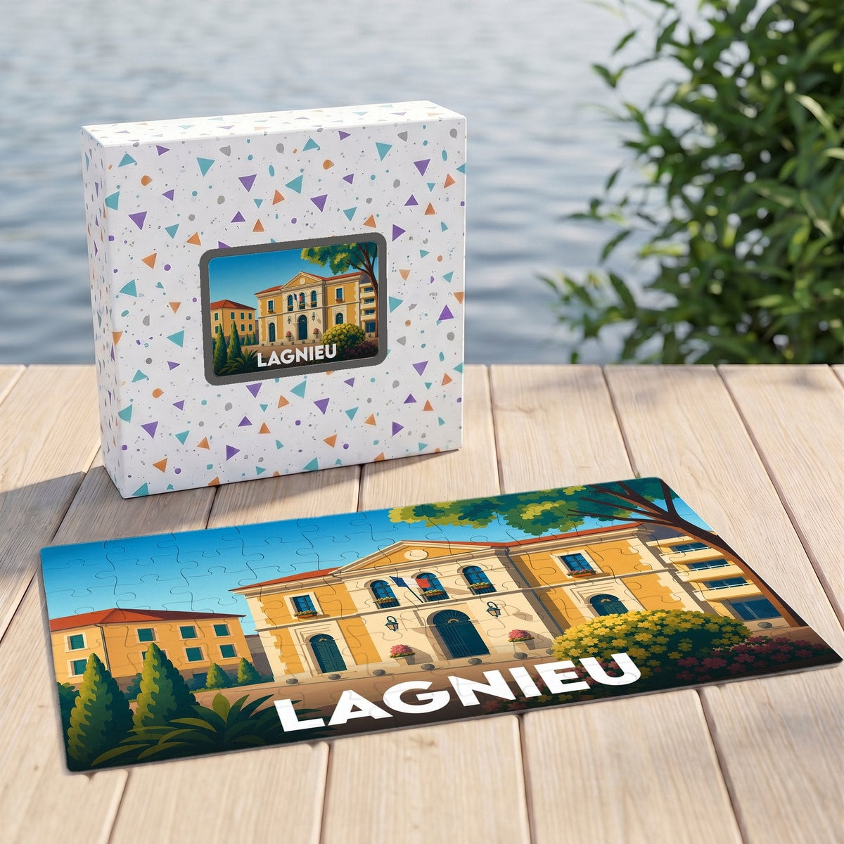 Puzzle souvenir de la ville de Lagnieu avec une illustration stylisée de l'hôtel de ville.