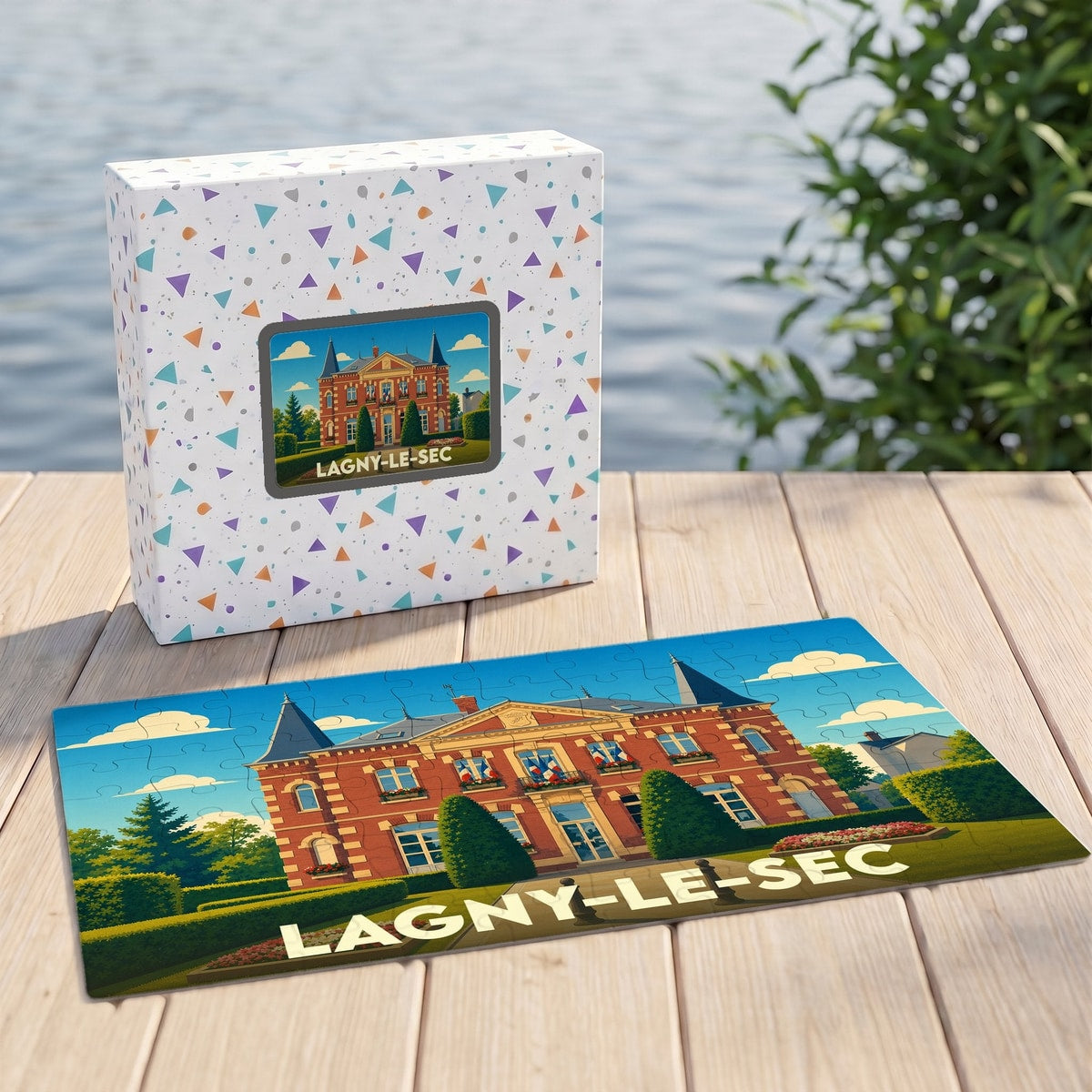 Puzzle souvenir de la ville de Lagny-le-Sec avec une illustration stylisée d'un bâtiment historique.