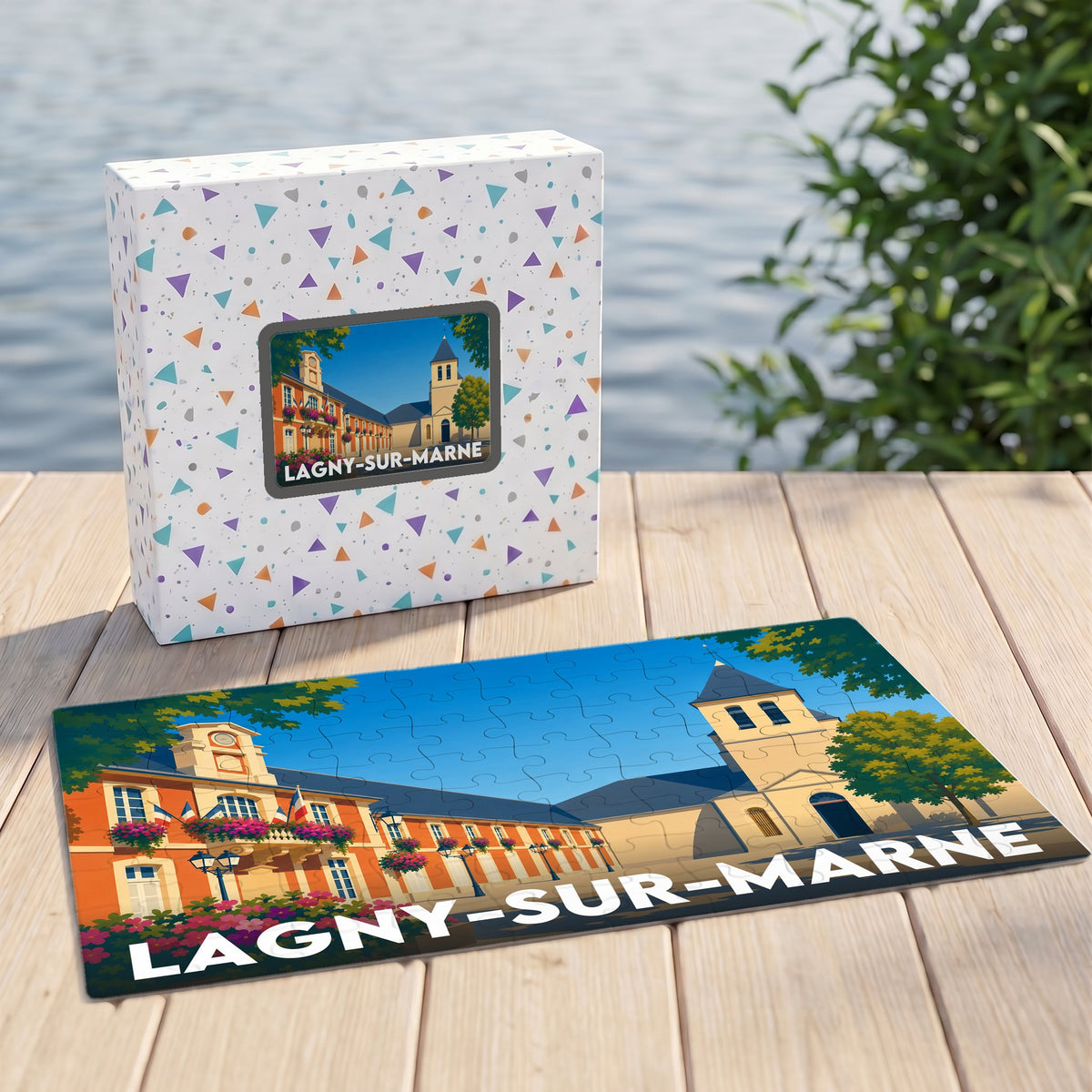 Puzzle souvenir de la ville de Lagny-sur-Marne avec une illustration stylisée et colorée de son architecture.