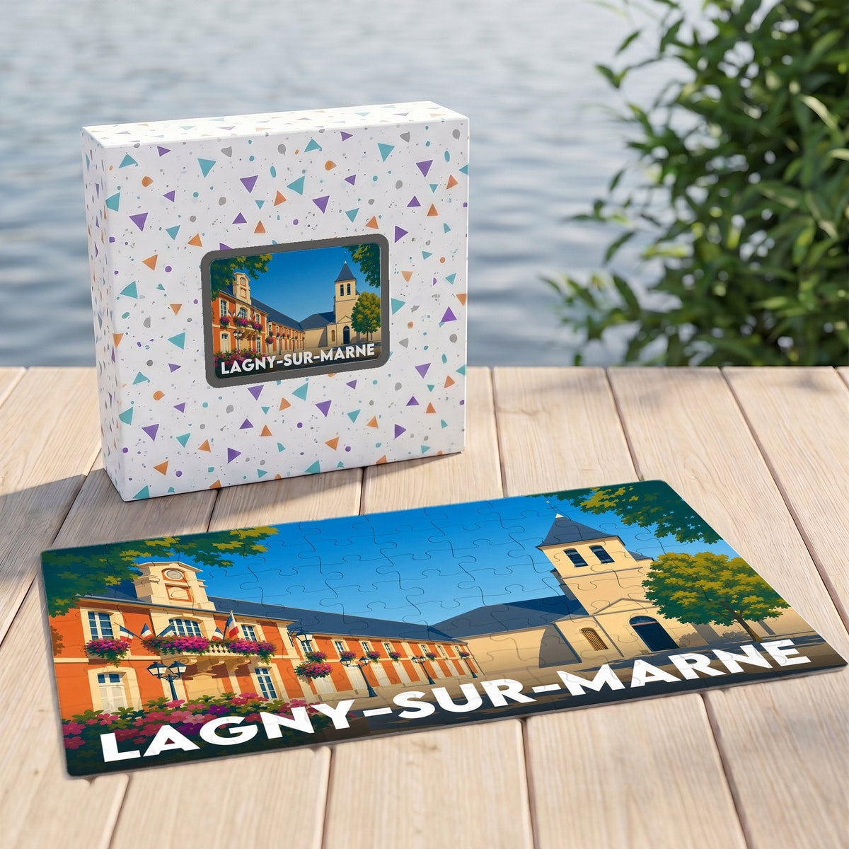 Puzzle souvenir de la ville de Lagny-sur-Marne avec une illustration stylisée et colorée de son architecture.