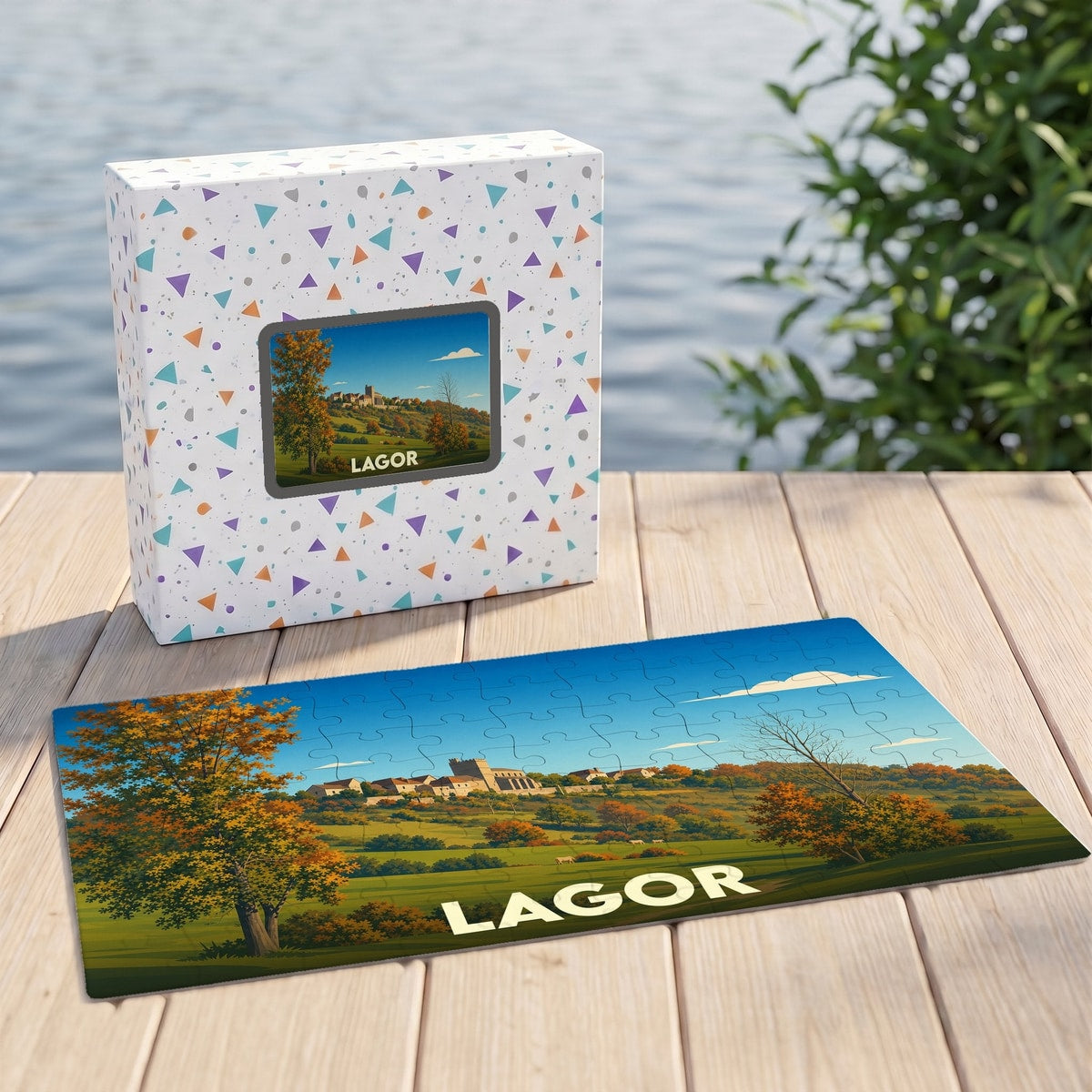 Puzzle souvenir de la ville de Lagor illustrant un paysage automnal stylisé.