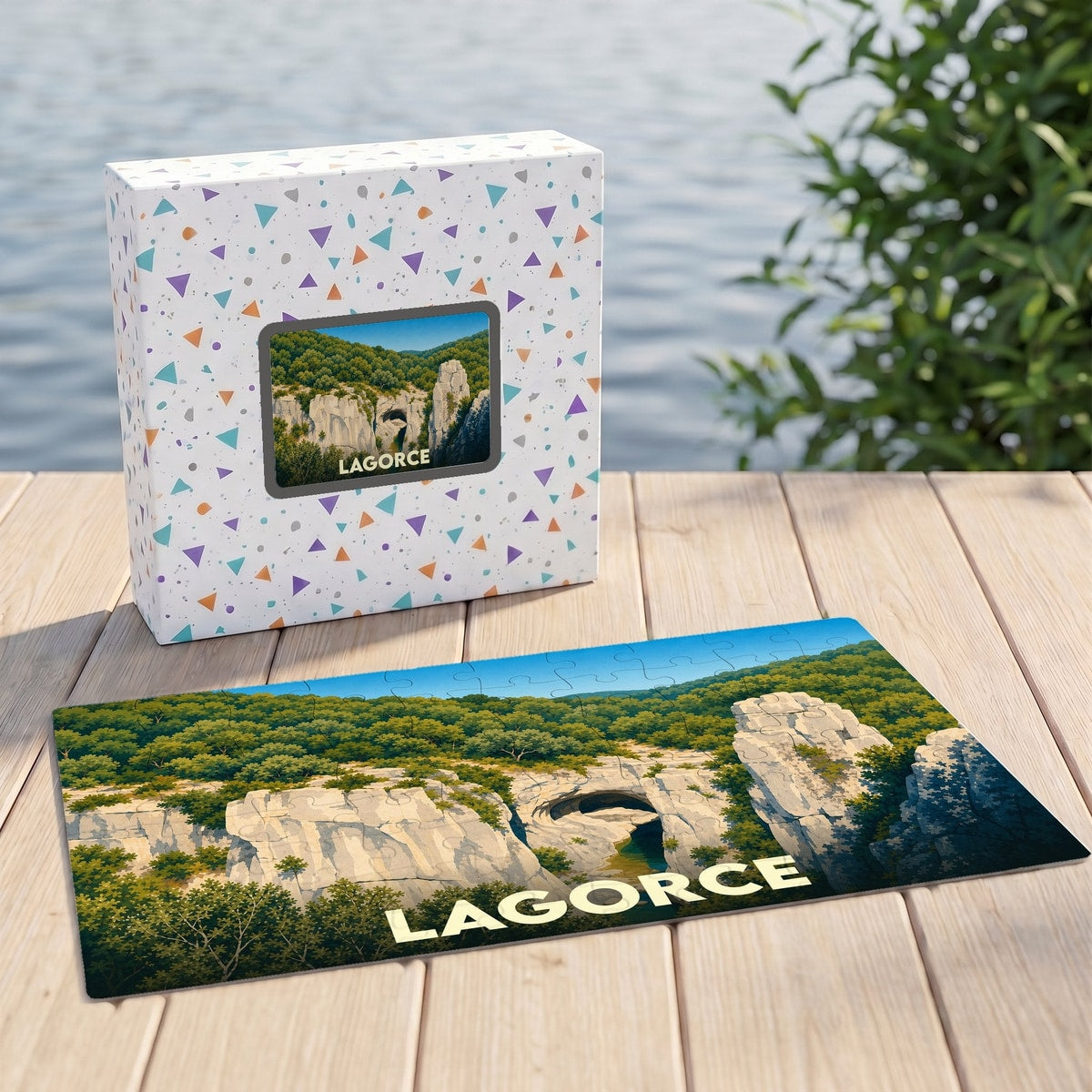 Puzzle souvenir de la ville de Lagorce avec une illustration de paysage rocheux.
