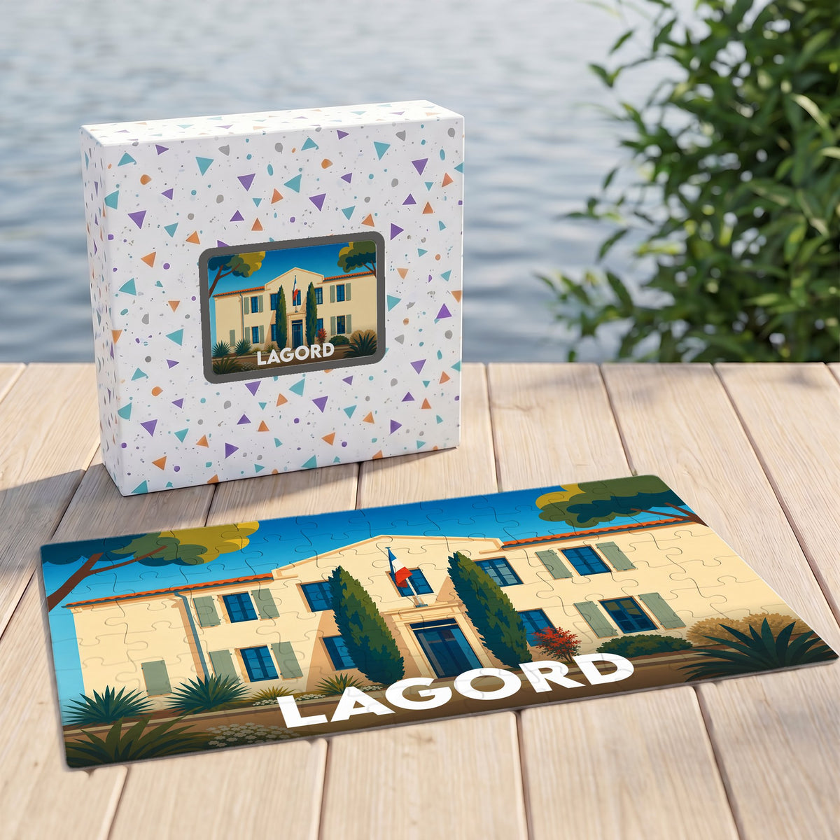 Puzzle souvenir de la ville de Lagord avec une illustration stylisée d'un bâtiment provençal.
