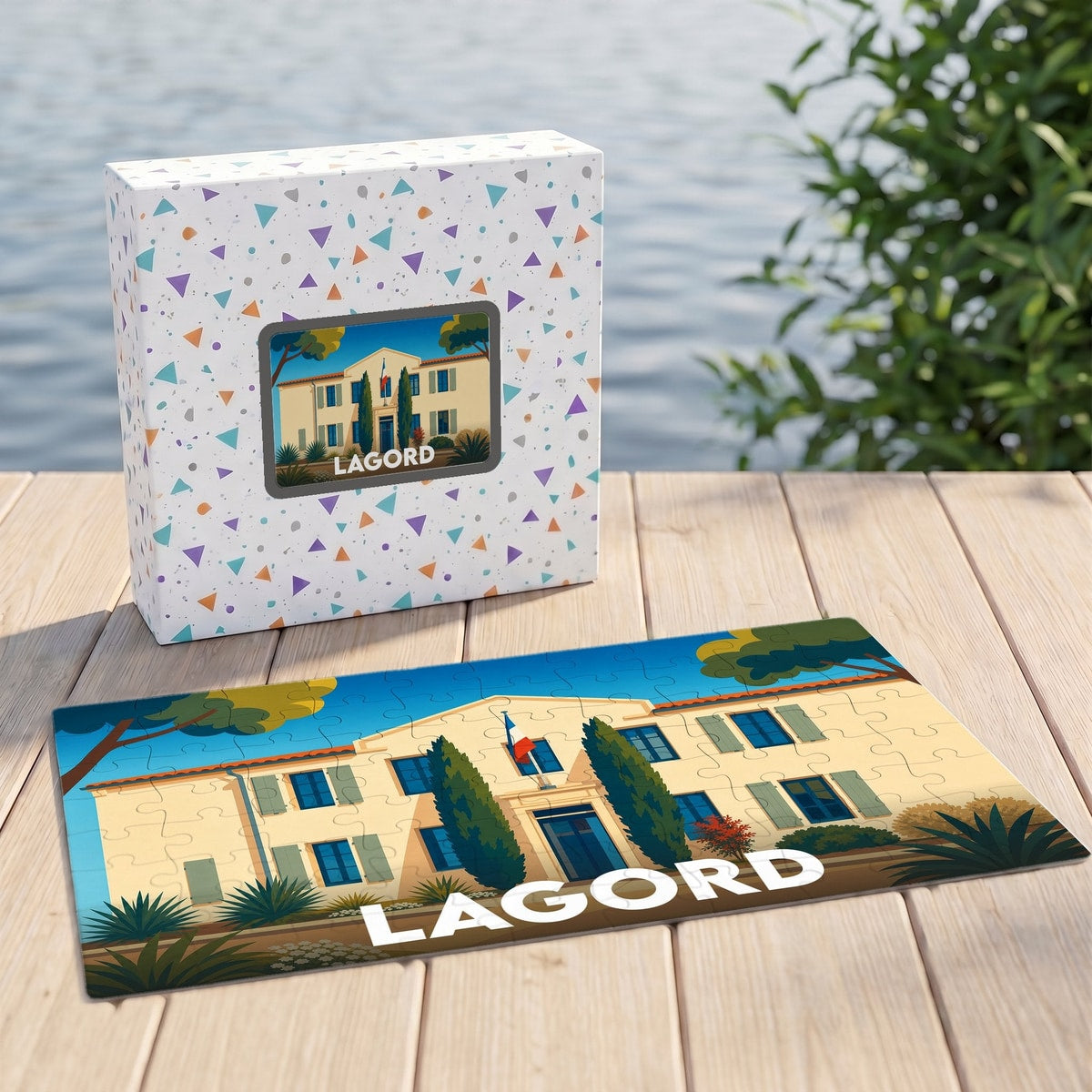 Puzzle souvenir de la ville de Lagord avec une illustration stylisée d'un bâtiment provençal.