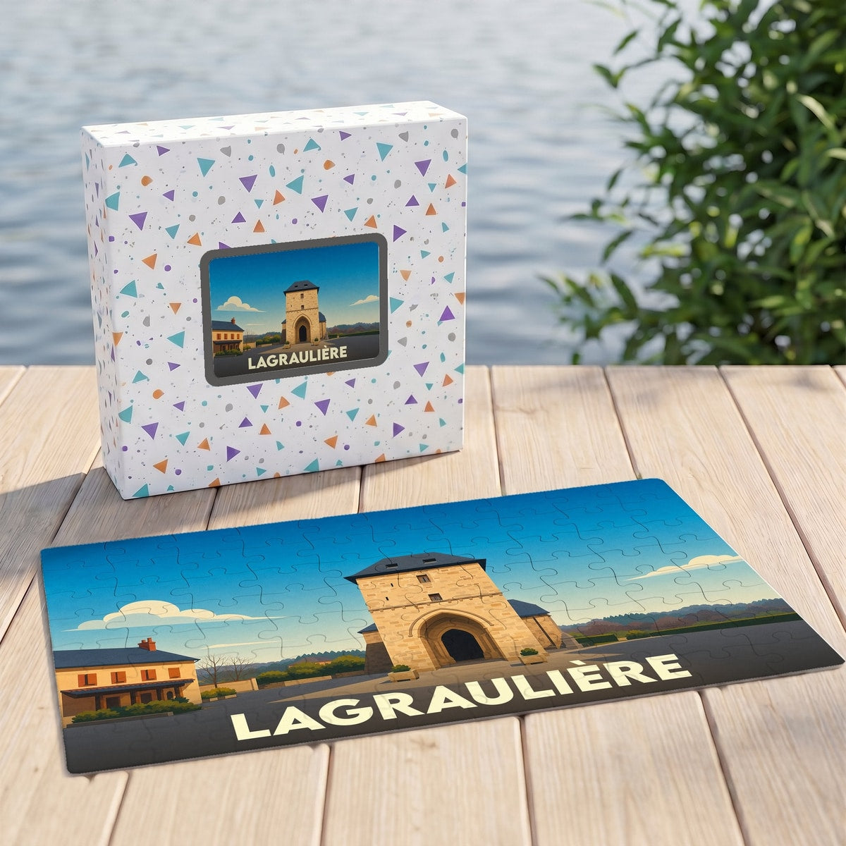 Puzzle souvenir de la ville de Lagraulière avec une illustration stylisée et sa boîte assortie.
