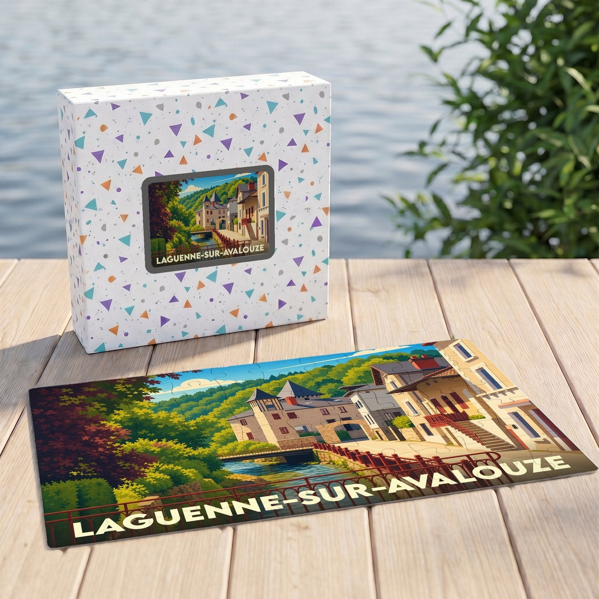Puzzle souvenir de la ville de Laguenne-sur-Avalouze avec une illustration stylisée et colorée.