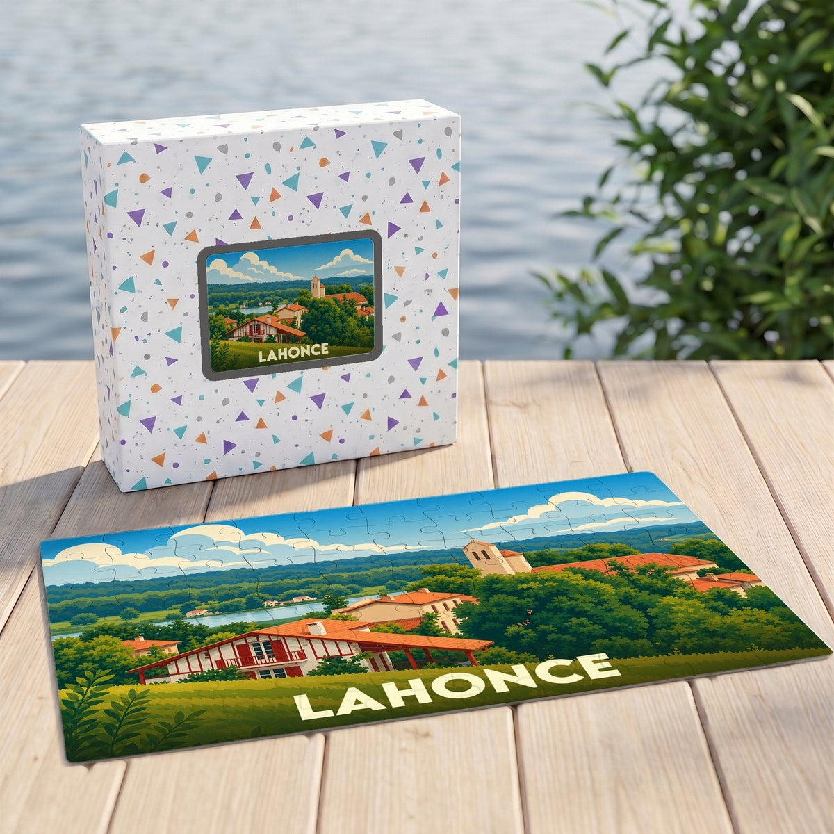 Puzzle souvenir de la ville de Lahonce avec une illustration stylisée d'un paysage basque.