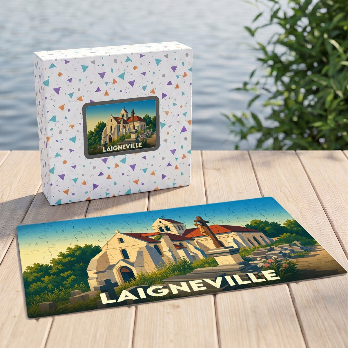Puzzle souvenir de la ville de Laigneville illustrant son église dans un style graphique épuré.