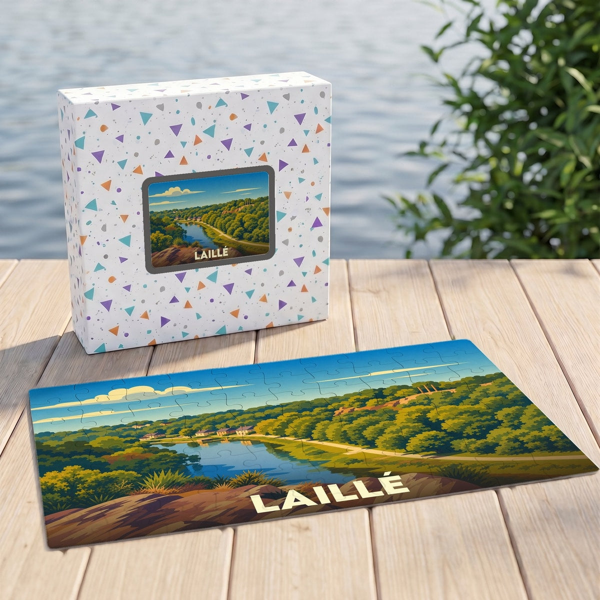 Puzzle souvenir de la ville de Laillé avec une illustration stylisée d'un paysage naturel.