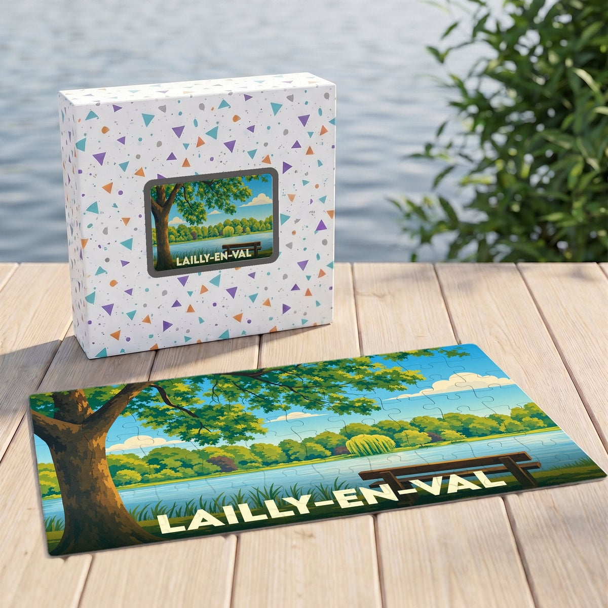 Puzzle souvenir de la ville de Lailly-en-Val avec une illustration stylisée d'un paysage de bord d'eau.