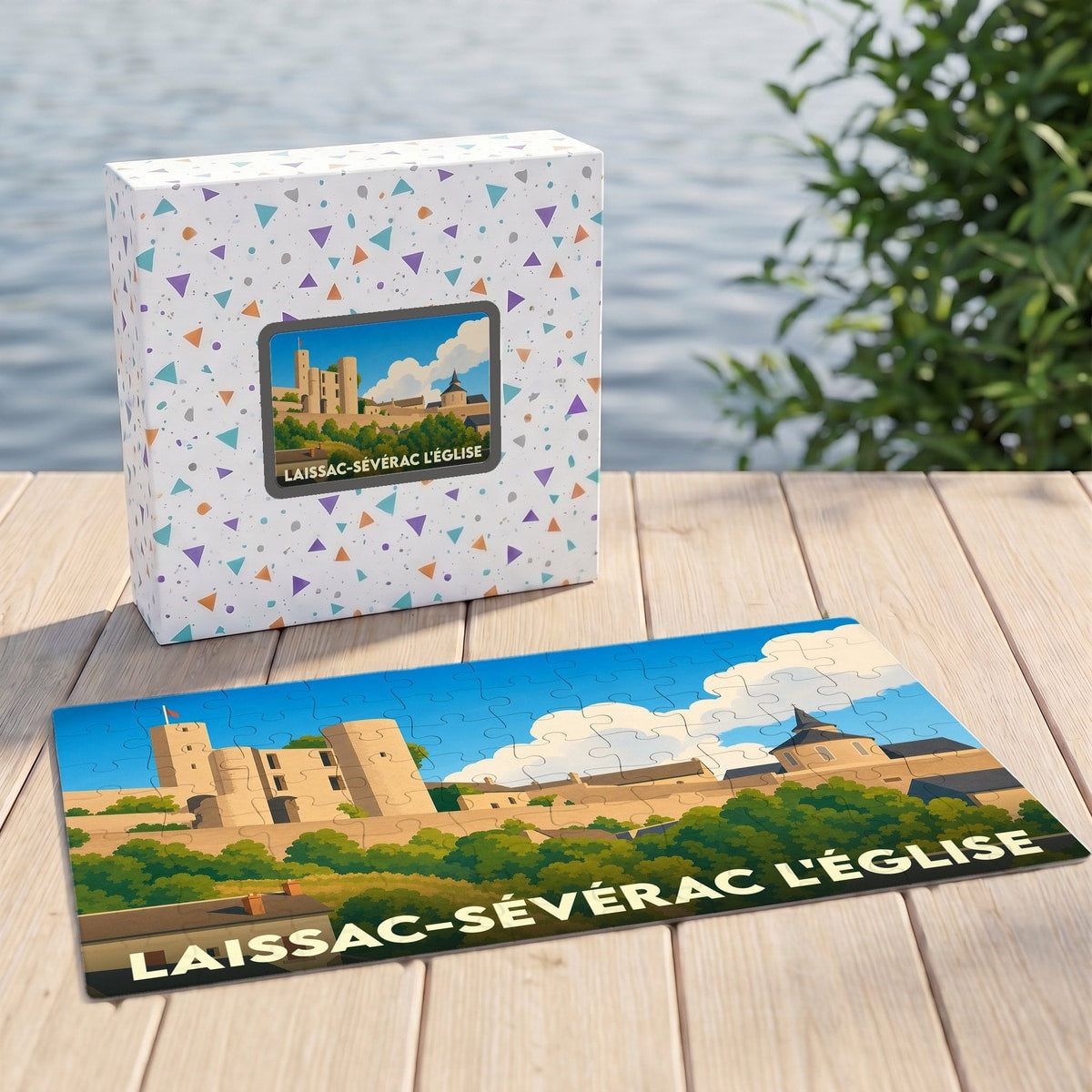 Puzzle souvenir de la ville de Laissac-Sévérac l'Église avec une illustration stylisée de son patrimoine.