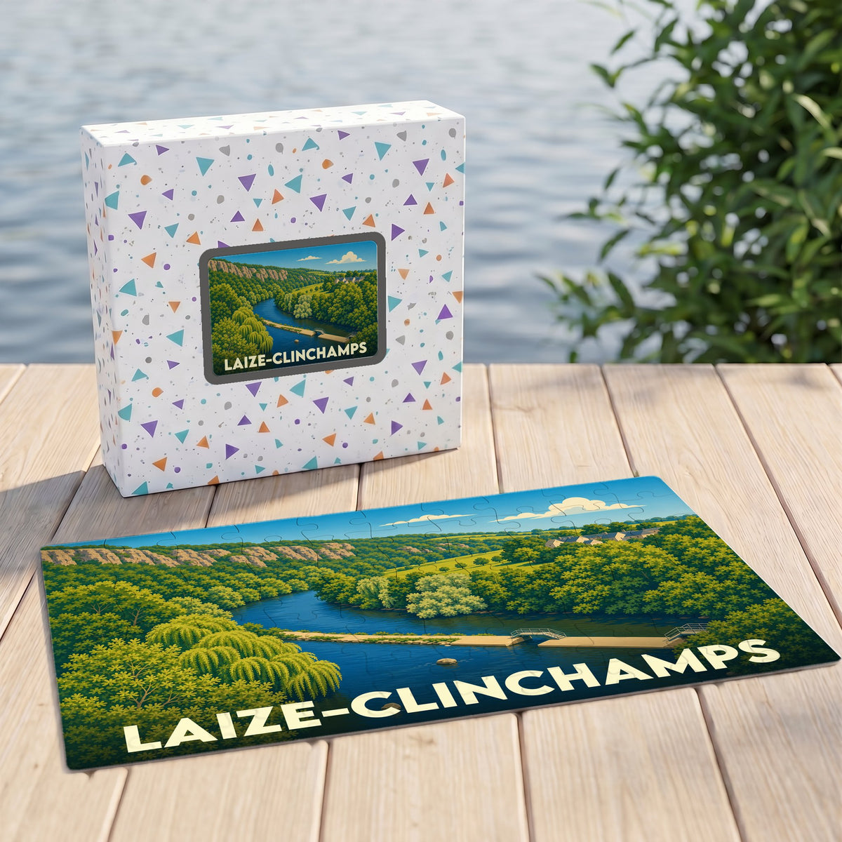 Puzzle souvenir de la ville de Laize-Clinchamps avec une illustration stylisée de son paysage verdoyant.