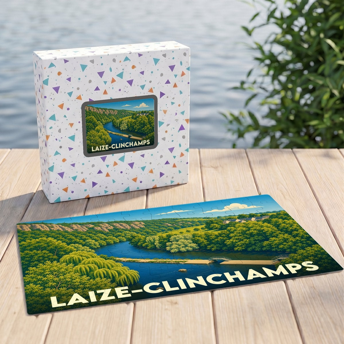 Puzzle souvenir de la ville de Laize-Clinchamps avec une illustration stylisée de son paysage verdoyant.