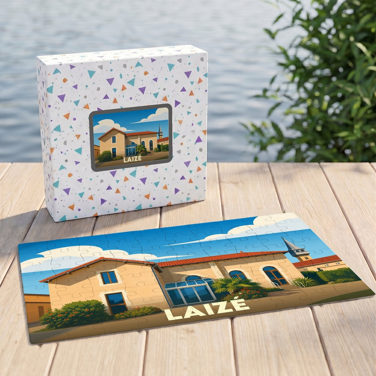 Puzzle souvenir de la ville de Laizé avec une illustration stylisée d'un bâtiment sous un ciel bleu.