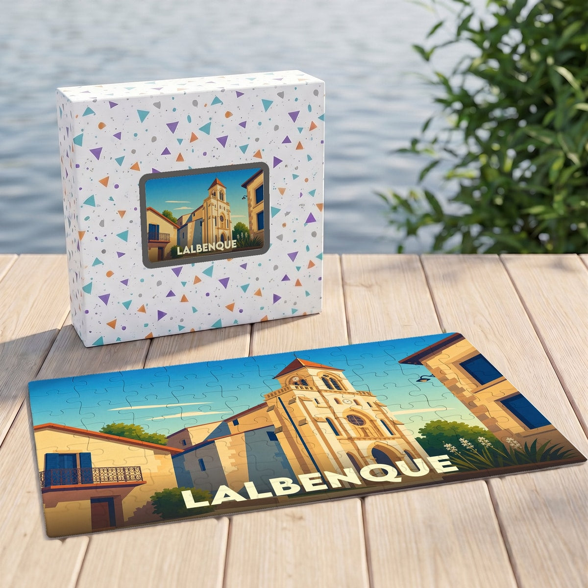 Puzzle souvenir de la ville de Lalbenque avec une illustration stylisée de son église.