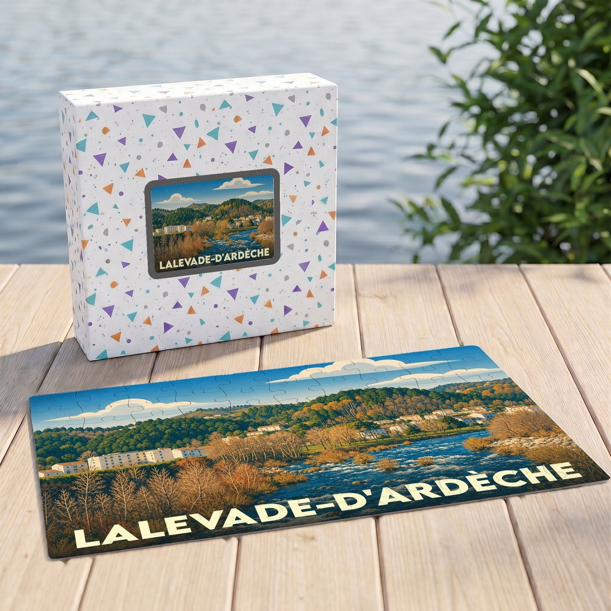 Puzzle souvenir de la ville de Lalevade-d'Ardèche présentant une illustration de paysage au bord de l'eau.