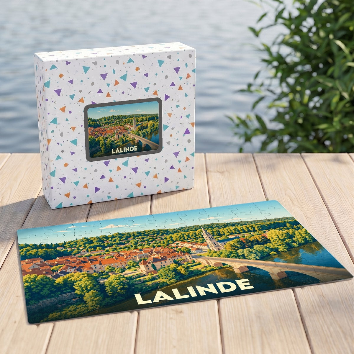 Puzzle souvenir de la ville de Lalinde avec une illustration panoramique de ses toits, son clocher et son pont.
