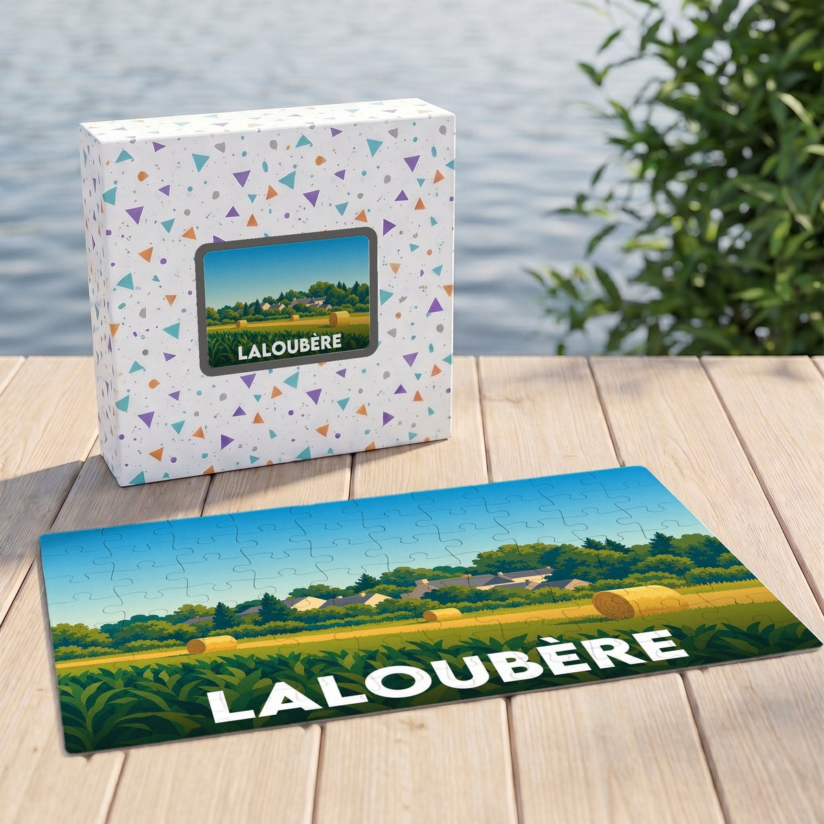 Puzzle souvenir de la ville de Laloubère avec une illustration stylisée de champs de foin.