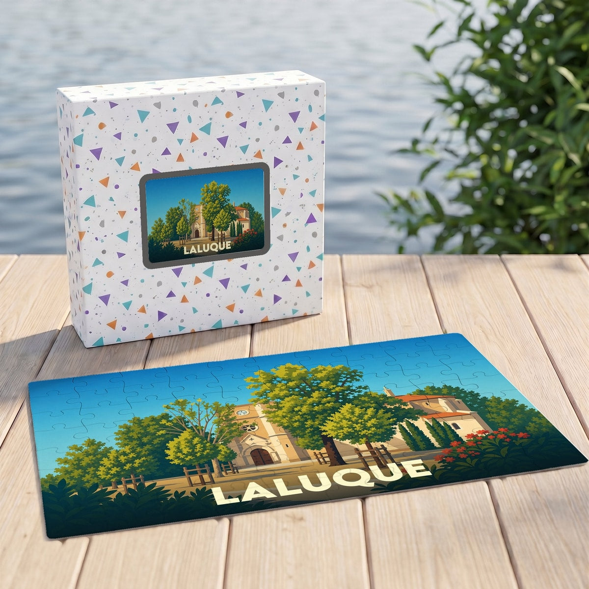 Puzzle souvenir de la ville de Laluque avec une illustration stylisée et colorée.