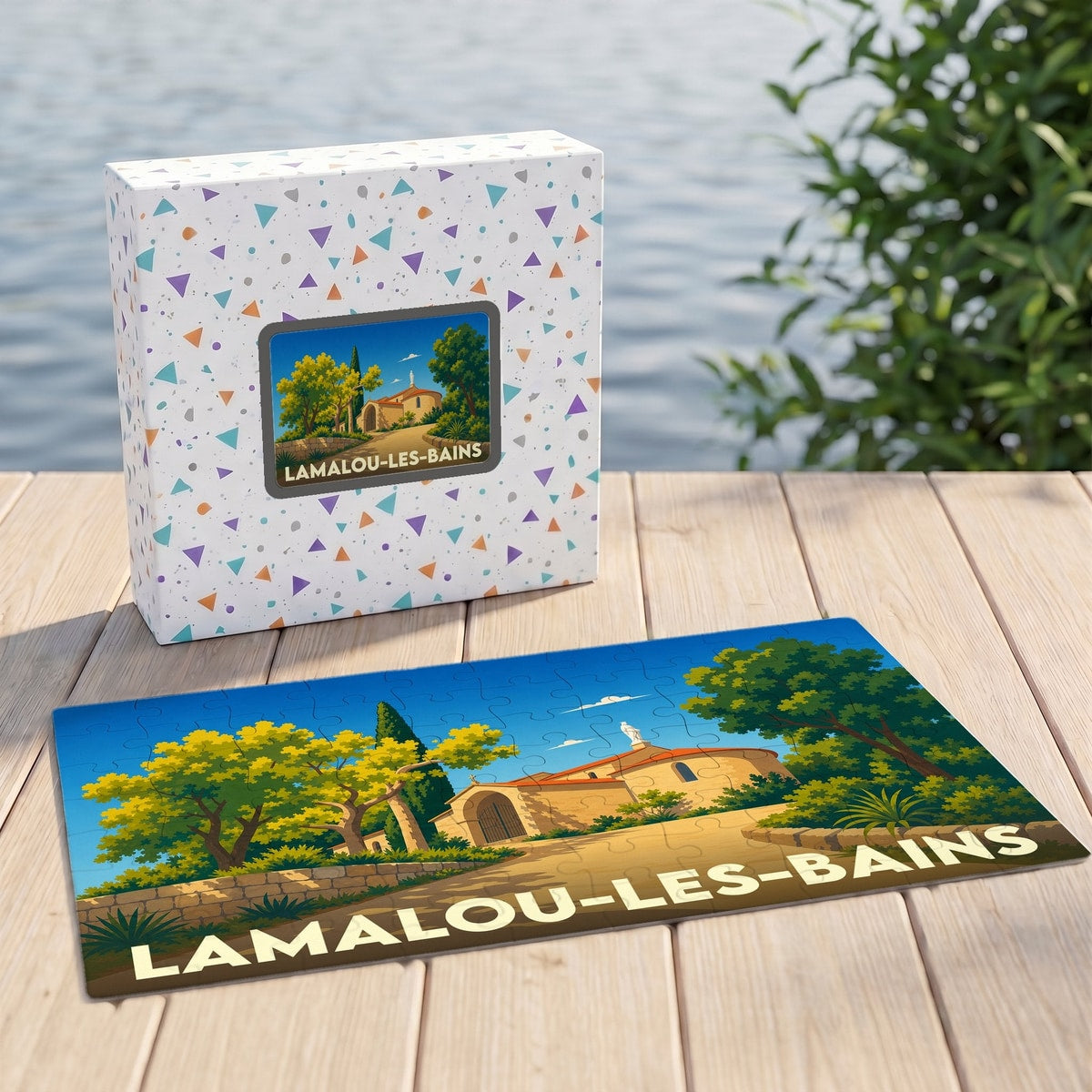 Puzzle souvenir de la ville de Lamalou-les-Bains avec une illustration stylisée.