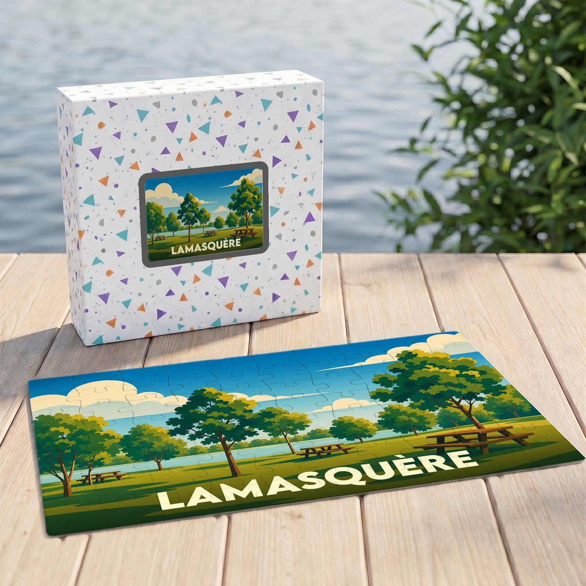 Puzzle souvenir de la ville de Lamasquère avec une illustration stylisée d'un parc paysager.