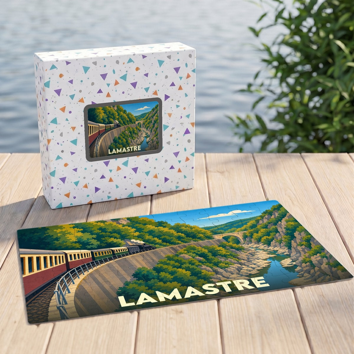 Puzzle souvenir de la ville de Lamastre représentant un train à vapeur circulant dans un paysage de gorges verdoyantes.