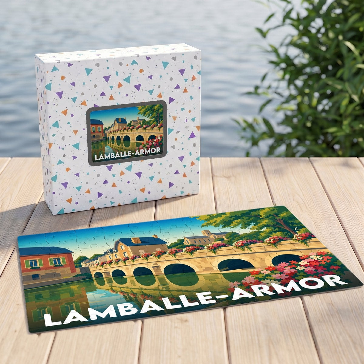 Puzzle souvenir de la ville de Lamballe-Armor avec une illustration stylisée d'un pont fleuri.