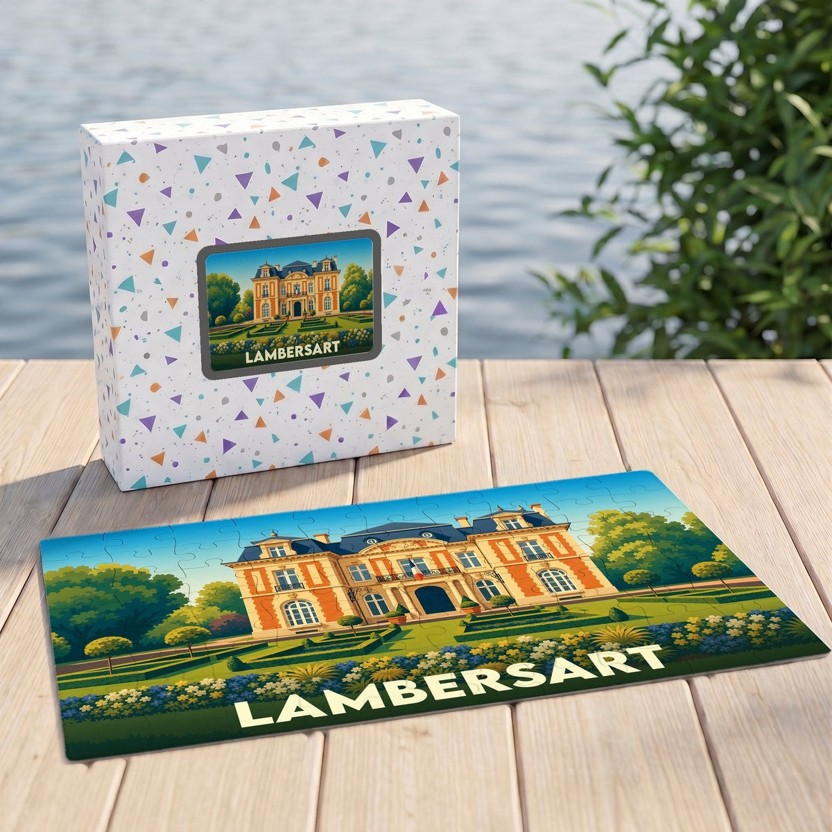 Puzzle souvenir de la ville de Lambersart illustré d'un château majestueux et son jardin.