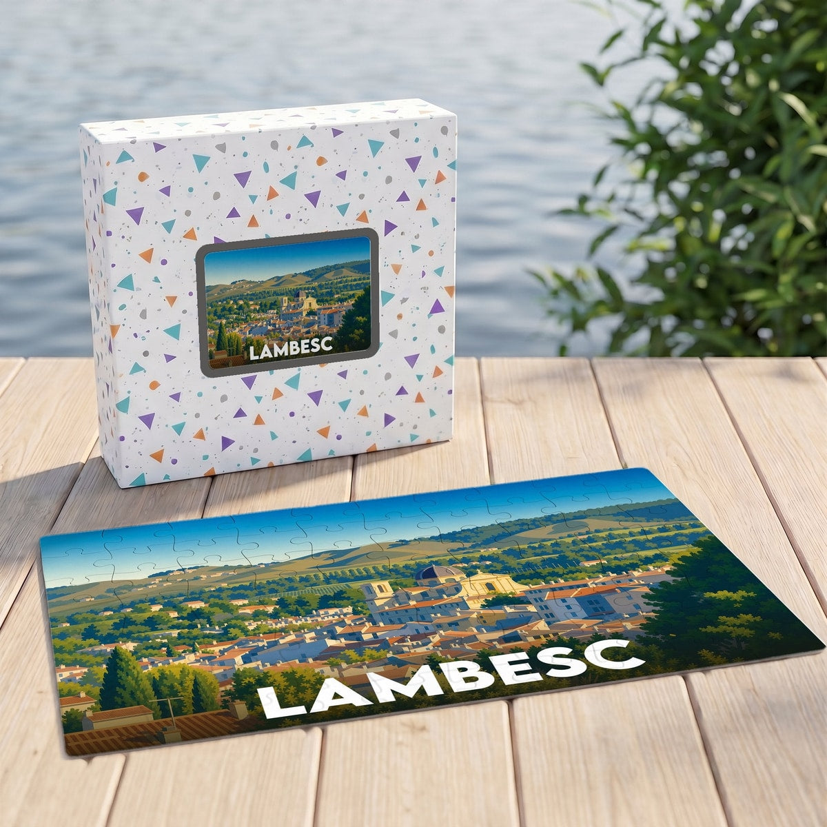 Puzzle souvenir de la ville de Lambesc avec une illustration stylisée d'un paysage provençal.