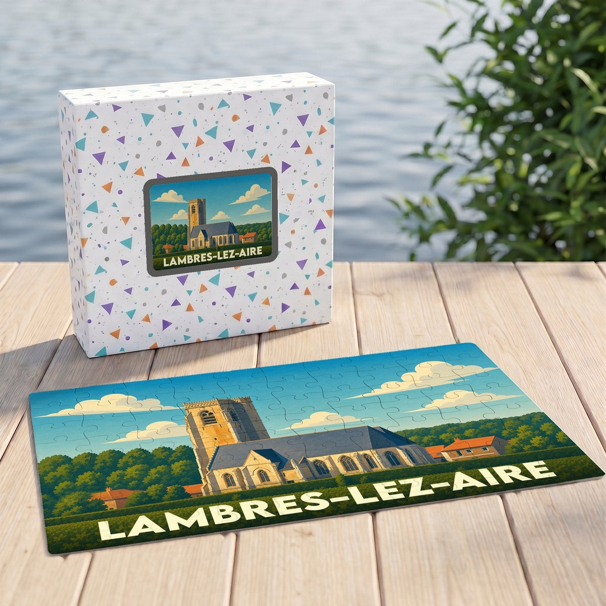 Puzzle souvenir de la ville de Lambres-lez-Aire avec une illustration stylisée de son église.